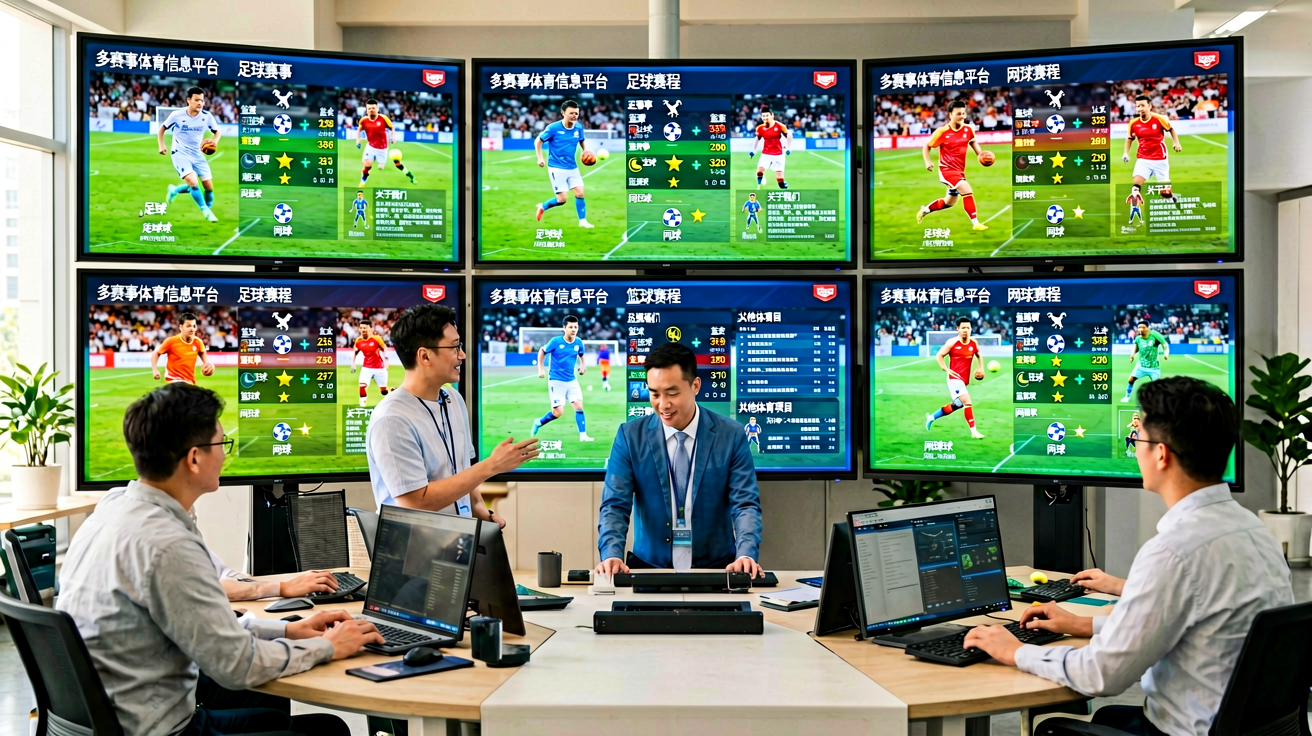 悟空体育平台使用场景：多块屏幕同时展示足球、篮球、网球等不同赛事的比分与数据面板